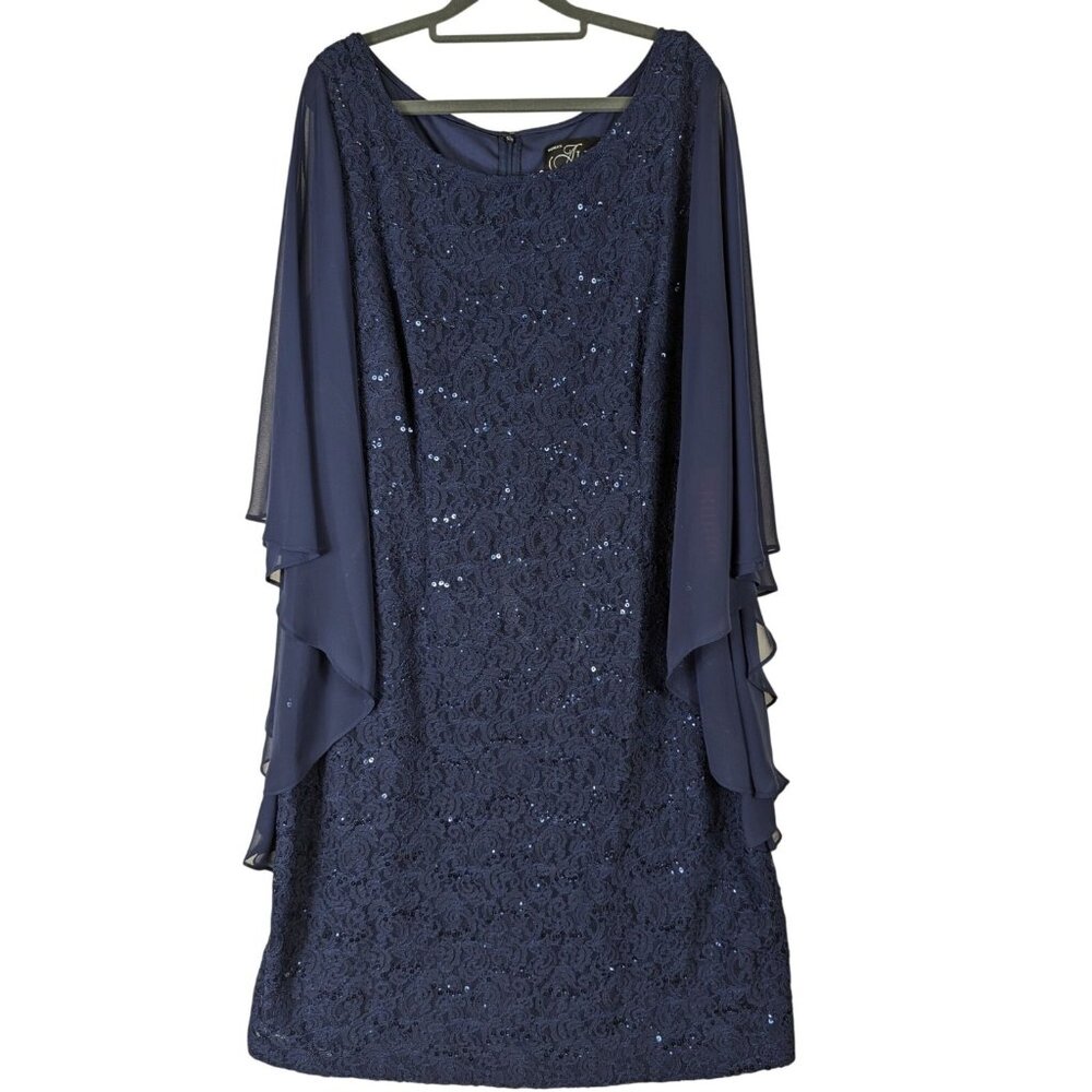 Alex Evenings Plus Size 22W Lace Cape Sleeve Sheath Blue Cocktail Event Dress